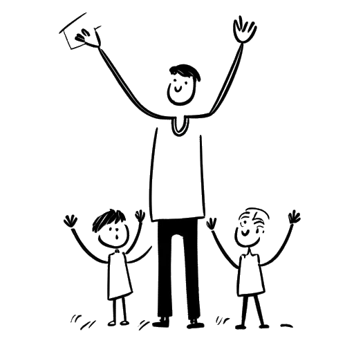 Strichzeichnung eines Mannes, der ein positives Schild hochhält, während Kinder zuschauen, das Leon Machère darstellt
