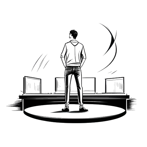 Strichzeichnung eines Mannes, der auf einer Bühne mit einem Reality-Show-Logo steht, das Leon Machère darstellt