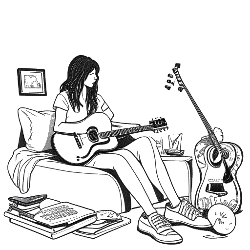 Sketch of a teenage girl, symbolizing Alessia Cara, sitting on her bed with a laptop, while her guitar and walls adorned with music icons, illustrate her rise to stardom.