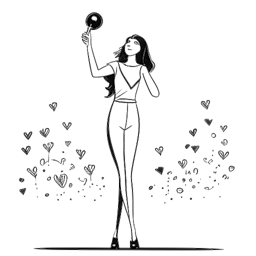 Desenho de uma jovem mulher, representando Alessia Cara, recebendo um prêmio Grammy, com notas musicais e corações ao fundo, retratando suas grandes conquistas.