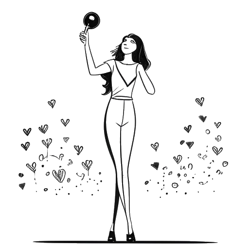 Desenho de uma jovem mulher, representando Alessia Cara, recebendo um prêmio Grammy, com notas musicais e corações ao fundo, retratando suas grandes conquistas.