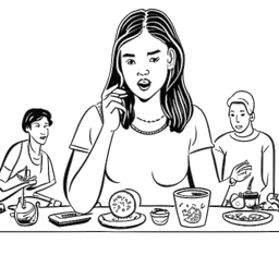 Tekening van een jonge vrouw, symbool voor Alessia Cara, zittend met familie aan tafel, met sociale media-iconen en een duim omlaag boven haar, die haar persoonlijke groei en belangenbehartiging representeren.