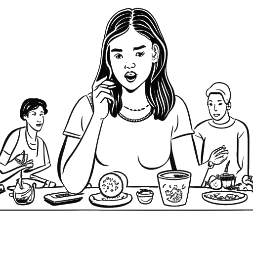 Dibujo de una joven, simbolizando a Alessia Cara, sentada con su familia en una mesa, con iconos de redes sociales y un pulgar hacia abajo encima de ella, representando su crecimiento personal y su defensa.