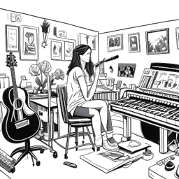 Imagem de uma jovem mulher, representando Alessia Cara, em seu estúdio caseiro com instrumentos musicais e paredes forradas com pôsteres de suas diversas influências musicais.