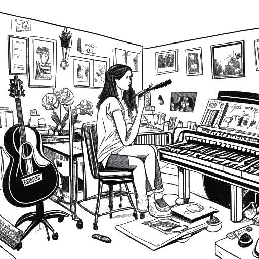 Image d'une jeune femme représentant Alessia Cara, dans son studio maison avec des instruments de musique et des murs garnis d'affiches de ses influences musicales diverses.