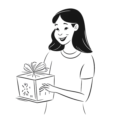 Lijntekening van een vrouw die Alessia Cara vertegenwoordigt, een ingepakt cadeau vasthoudend met een 'Afspelen' knop erop en een verjaardagstaart op de achtergrond.