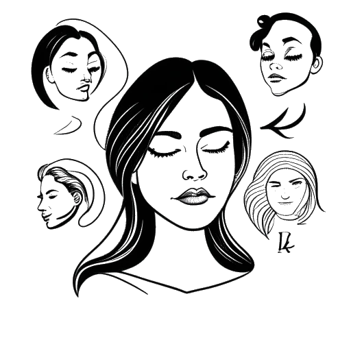 Dessin en ligne d'une femme représentant Alessia Cara, entourée de quatre silhouettes avec les initiales 'Z', 'K', 'L' et 'J' au-dessus d'elles.