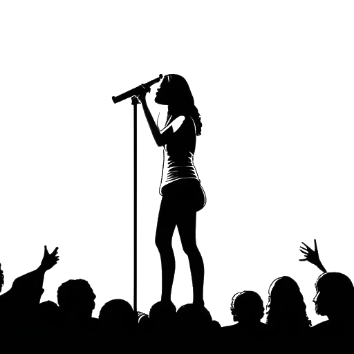 Line art drawing of a woman representing Alessia Cara, holding a microphone on a stage with a single spotlight and shadows of people in the background.