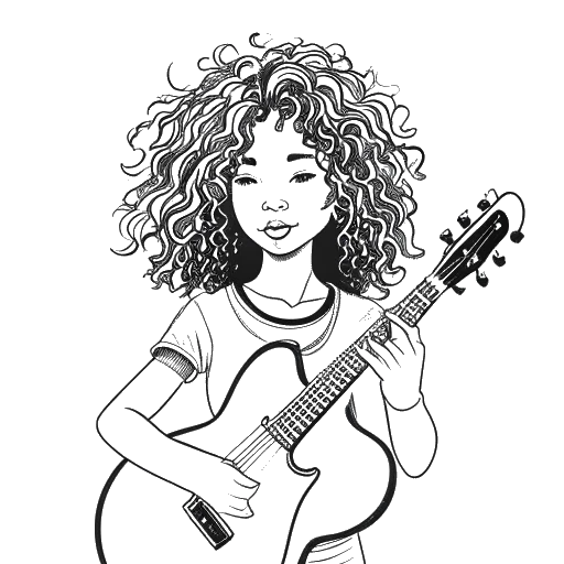 Line art drawing of a young girl with curly hair representing Alessia Cara, holding a guitar with a spark in her eyes and a glow around her.