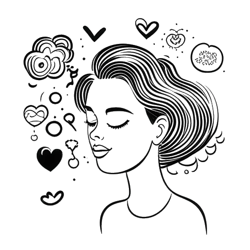 Line art drawing of a woman representing Alessia Cara, with a thought bubble containing various symbols and outlines of a brain, heart, and speech bubble.