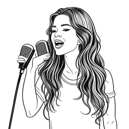 Lijntekening van een vrouw die Alessia Cara vertegenwoordigt, drie microfoons vasthoudend, elk gelabeld met 'Lorde', 'Ariana Grande' en 'Alanis Morissette'.