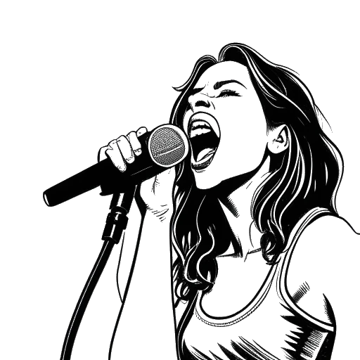 Lijntekening van een vrouw die Alessia Cara vertegenwoordigt, zingend in een microfoon met de logo's van Metallica en Marvel op de achtergrond.