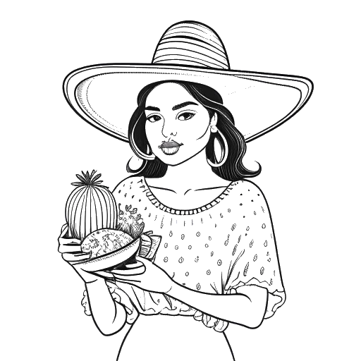 Line art drawing of a woman representing Alessia Cara holding a taco with cacti and a sombrero in the background.