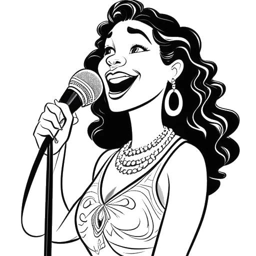 Line art drawing of a woman representing Alessia Cara holding a microphone with a poster of Disney's Moana movie in the background.