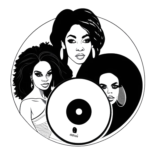 Line art drawing of a woman representing Alessia Cara, holding a record with four faces on it, labeled with 'Lauryn Hill', 'Amy Winehouse', 'Pink', and 'Fergie'.
