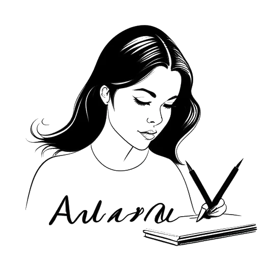 Lijntekening van een vrouw die Alessia Cara vertegenwoordigt, schrijvend op een papier. Op de achtergrond staan 'Alessia' en 'Cara' gescheiden door een dunne lijn.