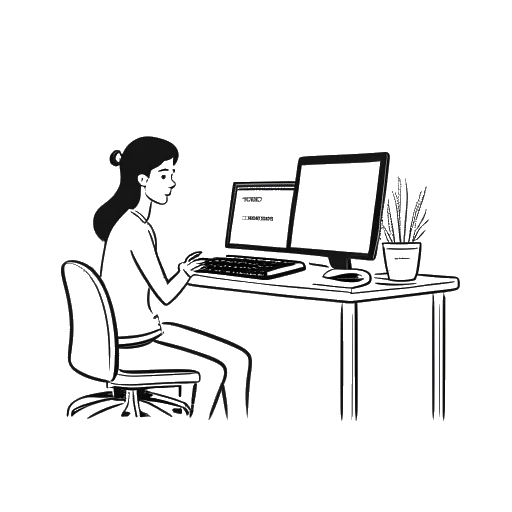 Dibujo de arte lineal de una mujer que representa a Alessia Cara, sentada frente a una computadora editando un video con una claqueta a su lado.