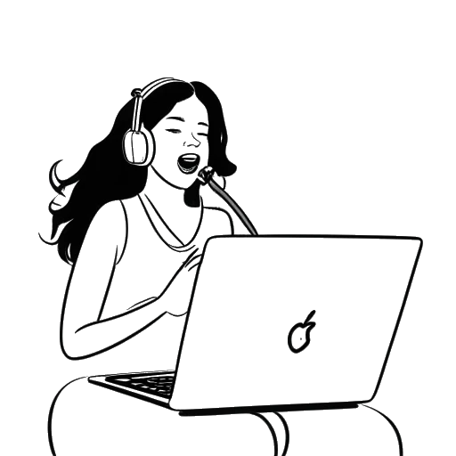 Disegno in bianco e nero di una ragazza rappresentante Alessia Cara, che canta in un microfono di fronte a un laptop con il logo di YouTube sullo schermo.