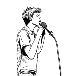 Dibujo de línea de un joven, que representa a Noah Sebastian, cantando apasionadamente en un micrófono.