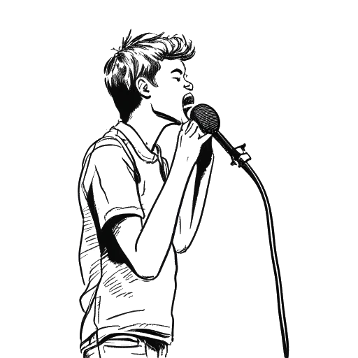 Dibujo de línea de un joven, que representa a Noah Sebastian, cantando apasionadamente en un micrófono.