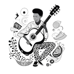 Boceto de un hombre, simbolizando a Noah Sebastian, con una guitarra entre notas musicales e imágenes culturales mixtas.