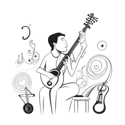 Dibujo de línea de un hombre, indicativo de Noah Sebastian, pensativo, con un fondo de instrumentos musicales y una balanza simbólica que representa la equidad.