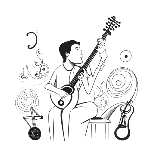 Dibujo de línea de un hombre, indicativo de Noah Sebastian, pensativo, con un fondo de instrumentos musicales y una balanza simbólica que representa la equidad.