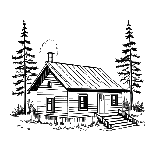 Dibujo de arte lineal de una cabaña en el bosque, representando la visión de Noah Sebastian