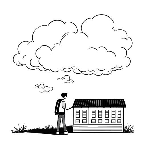 Dibujo de arte lineal de un joven saliendo de un edificio escolar con una nube de sueños, representando a Noah Sebastian abandonando la escuela secundaria