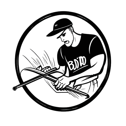 Dibujo de arte lineal de un hombre creando un logotipo de banda con 'Bad Omens' escrito en él, representando la formación de Bad Omens por parte de Noah Sebastian