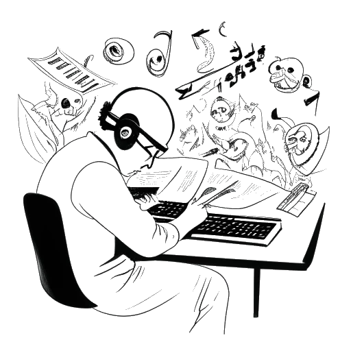 Dibujo de arte lineal de un hombre escribiendo música detrás de una serie de máscaras, representando el trabajo de escritor fantasma de Noah Sebastian