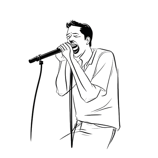 Dibujo de arte lineal de un hombre cantando, escribiendo y produciendo música, representando los roles de Noah Sebastian en Bad Omens