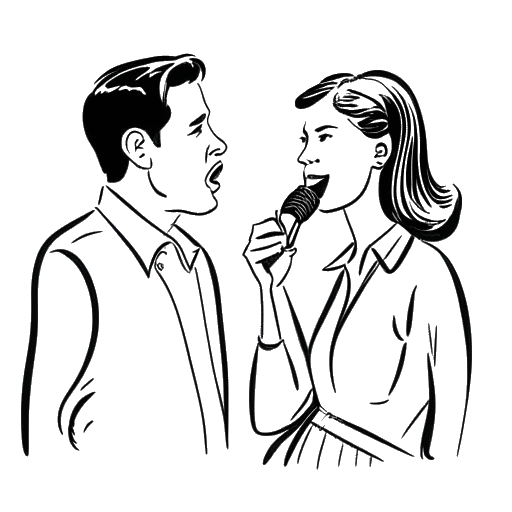 Dibujo de arte lineal de un hombre recibiendo entrenamiento vocal de una mujer, representando el trabajo de Noah Sebastian con Melissa Cross