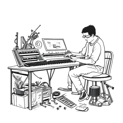 Dibujo de arte lineal de un hombre trabajando en música con varios instrumentos y herramientas de mezcla, representando los planes de Noah Sebastian