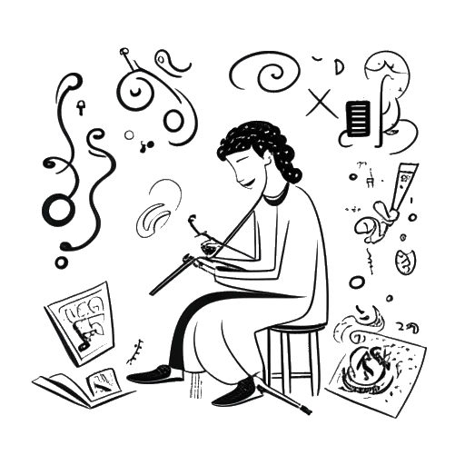 Dibujo de arte lineal de un hombre escribiendo música con símbolos religiosos y signos de interrogación, representando el uso de temas religiosos por parte de Noah Sebastian