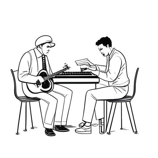 Dibujo de arte lineal de dos hombres trabajando juntos en música, representando la colaboración de Noah Sebastian con Sam Carter