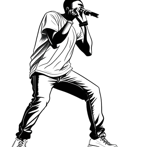 Strichzeichnung eines Mannes, der B-Tight darstellt, ein Mikrofon haltend und Energie bei einer Hip-Hop-Performance ausstrahlend.