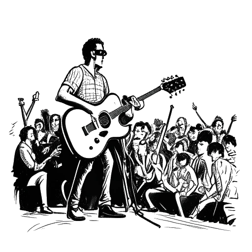 Strichzeichnung eines Mannes, der B-Tight darstellt, Gitarre spielend und mit einem vielfältigen Publikum bei einem Live-Konzert interagierend, was seine dynamische und einnehmende Bühnenpräsenz zeigt.