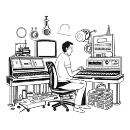 Strichzeichnung eines Mannes, der B-Tight darstellt, in einem Aufnahmestudio mit Musikinstrumenten und Produktionsausrüstung, was für künstlerische Freiheit und Kreativität steht.