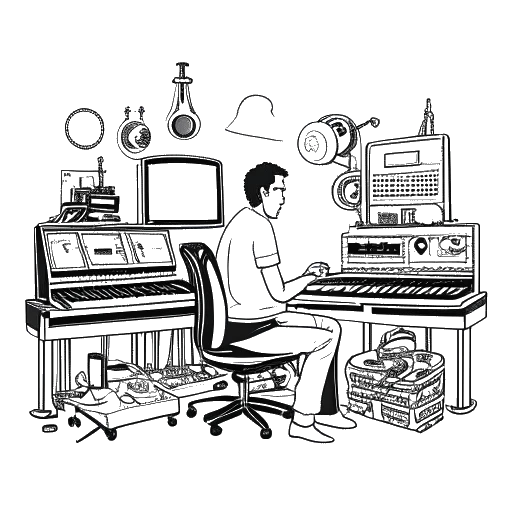Strichzeichnung eines Mannes, der B-Tight darstellt, in einem Aufnahmestudio mit Musikinstrumenten und Produktionsausrüstung, was für künstlerische Freiheit und Kreativität steht.