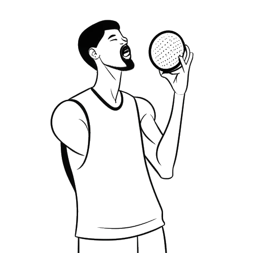 Strichzeichnung eines Mannes, der B-Tight darstellt, der ein Mikrofon in der einen Hand und einen mit einem Verband umwickelten Basketball in der anderen hält, vor weißem Hintergrund
