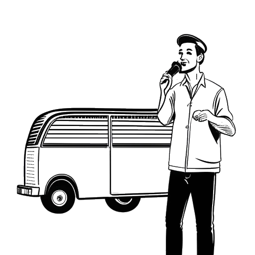 Strichzeichnung eines Mannes, der B-Tight darstellt, der ein Mikrofon hält, im Hintergrund ein Tourbus und eine Platte, vor weißem Hintergrund