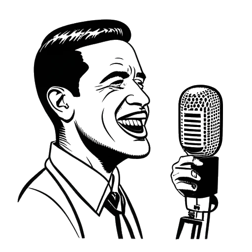 Strichzeichnung eines Mannes, der B-Tight darstellt, der ein Mikrofon hält, im Hintergrund eine Platte und der Text 'Neger', vor weißem Hintergrund