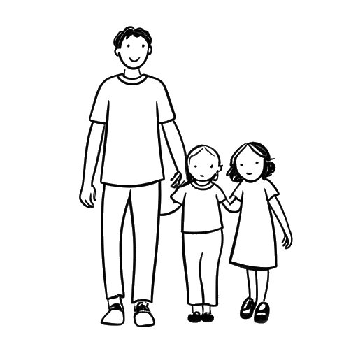 Strichzeichnung eines Mannes, der B-Tight darstellt, der mit einer Frau und drei Kindern Händchen hält, vor weißem Hintergrund