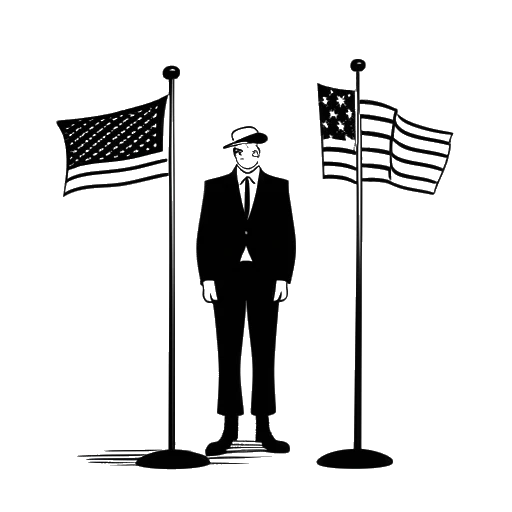 Strichzeichnung eines Mannes, der B-Tight darstellt, der zwischen den amerikanischen und deutschen Flaggen steht, vor weißem Hintergrund