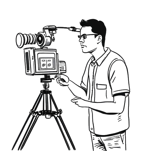 Strichzeichnung eines Mannes, der B-Tight darstellt, der ein Mikrofon und eine Videokamera hält, im Hintergrund ein Mischpult, vor weißem Hintergrund