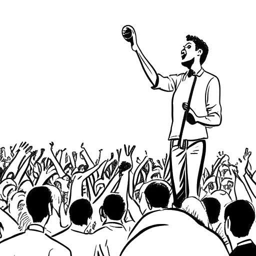 Strichzeichnung eines Mannes, der B-Tight darstellt, der ein Mikrofon hält, im Hintergrund eine jubelnde Menschenmenge, vor weißem Hintergrund