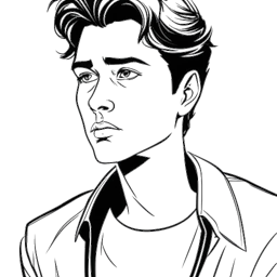 Line art drawing of a teenage boy, cool in demeanor, representing Jonah Beres, giving a captivating performance in a contemporary comedic scene, against a white backdrop