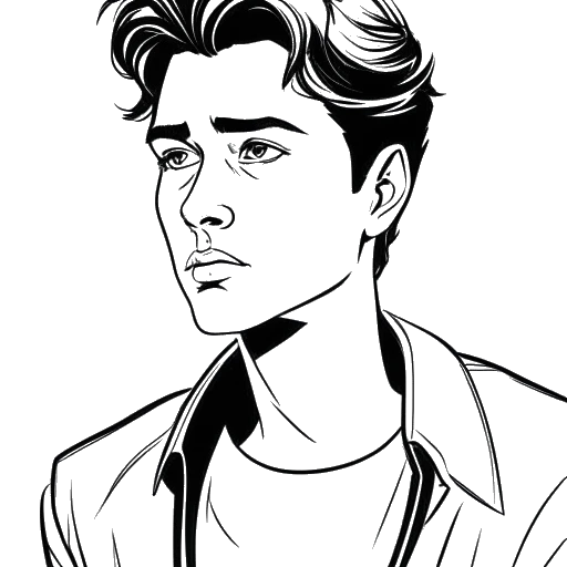 Line art drawing of a teenage boy, cool in demeanor, representing Jonah Beres, giving a captivating performance in a contemporary comedic scene, against a white backdrop