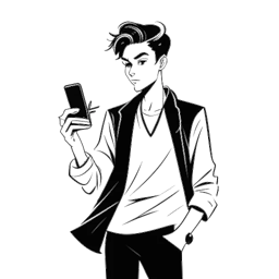 Lijntekening van een jonge man die Jonah Beres vertegenwoordigt, getooid in avant-garde kleding, bezig met social media op een telefoon, met een Peter Pan-schaduw subtiel aanwezig, tegen een witte achtergrond